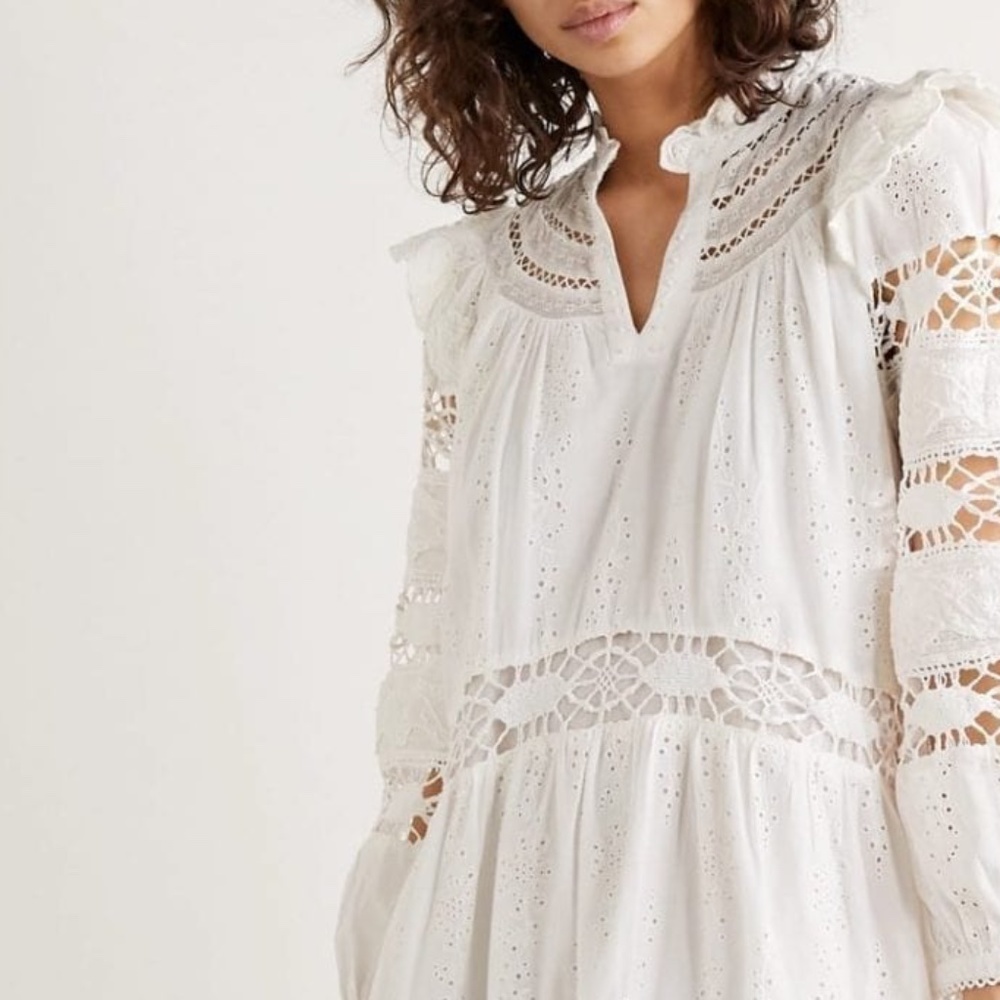 SEA   LEA CROCHET-TRIMMED RUFFLED BRODERIE ANGLAISE COTTON MINI DRESS IN WHITE